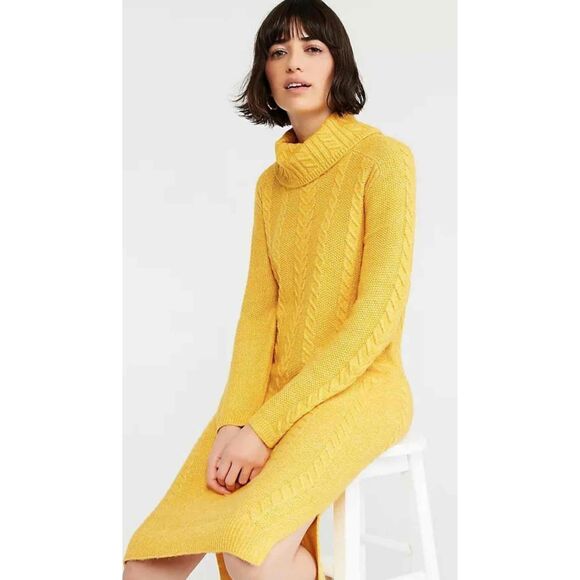 Ann Taylor Dresses & Skirts - NWT Ann Taylor Yellow Cable Knit Long Sleeve Turtleneck Dress Large Petite